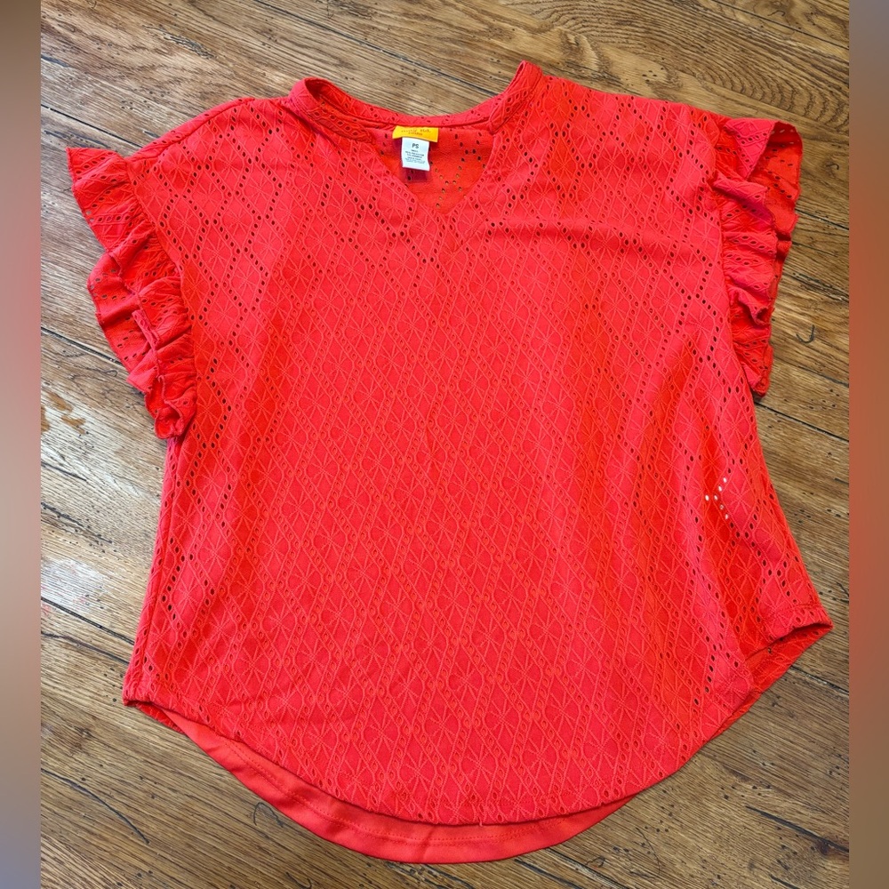 Women V Neck Ruffle Sleeve Tomato Red Eye-let Blouse Shirt Top